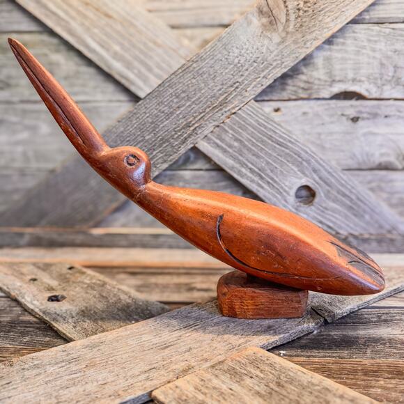 1960’s MidCentury Modern Primitive Hand Carved Wooden Shore Bird, 8.5”H x 11”W - Picture 1 of 8